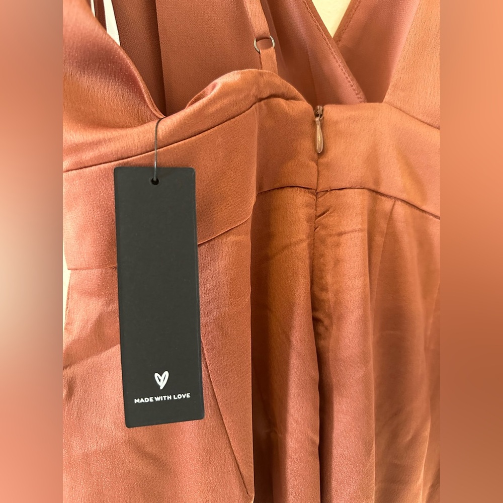 Lulu’s Look of Luxe Rusty Rose Satin Asymmetrical Wide-Leg Jumpsuit - Si… - Picture 8 of 10